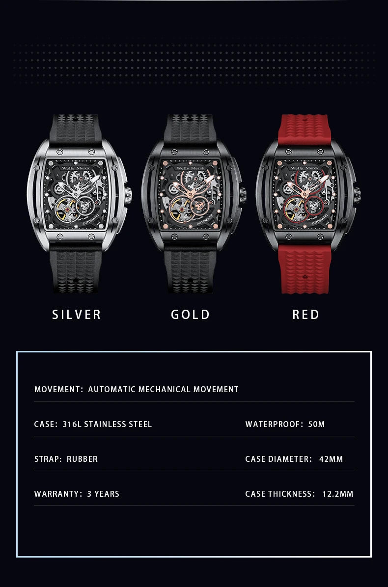 WM Watch WellyMerck Automatic Mechanical Watches Man Skeleton Stainless Steel Sapphire Crystal Tonneau Watch WM083