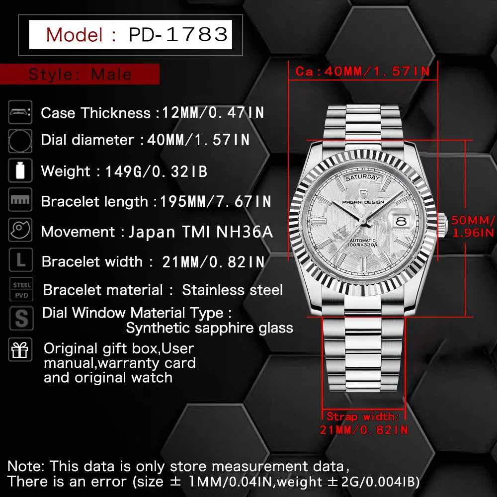PAGANI DESIGN Watches for Man DD40 1783 Luxury Automatic Mechanical Mans Watch AR Sapphire Glass NH36A Date relogios masculino