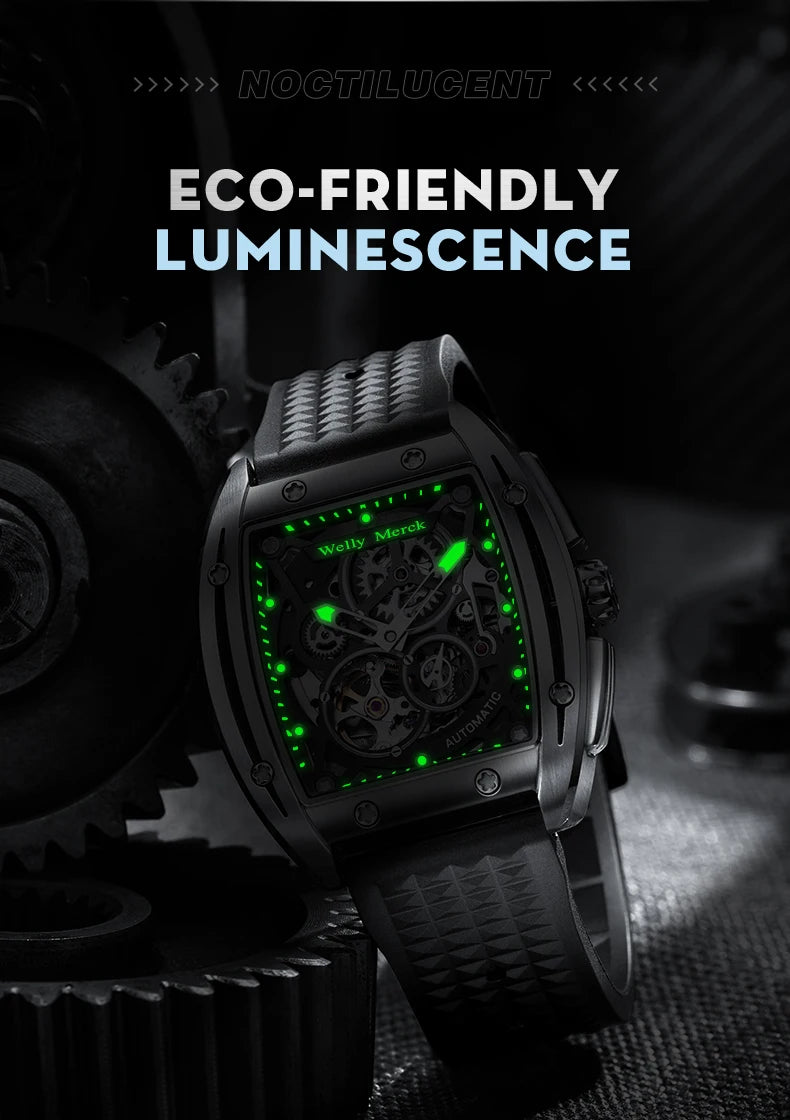 WM Watch WellyMerck Automatic Mechanical Watches Man Skeleton Stainless Steel Sapphire Crystal Tonneau Watch WM083