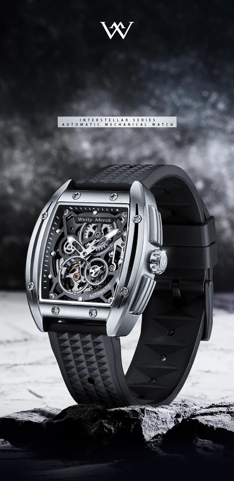 WM Watch WellyMerck Automatic Mechanical Watches Man Skeleton Stainless Steel Sapphire Crystal Tonneau Watch WM083