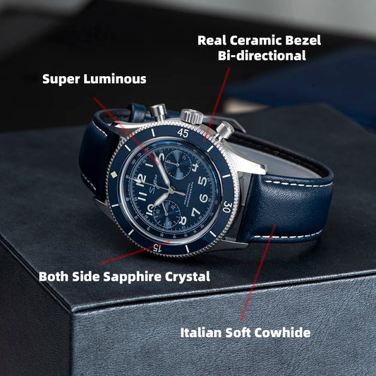 Sugess Pilot Watch Handwind Chronograph Mechanical Wristwatches Luminous Skeleton Men Watches Crystal Sapphire Leather New 2022