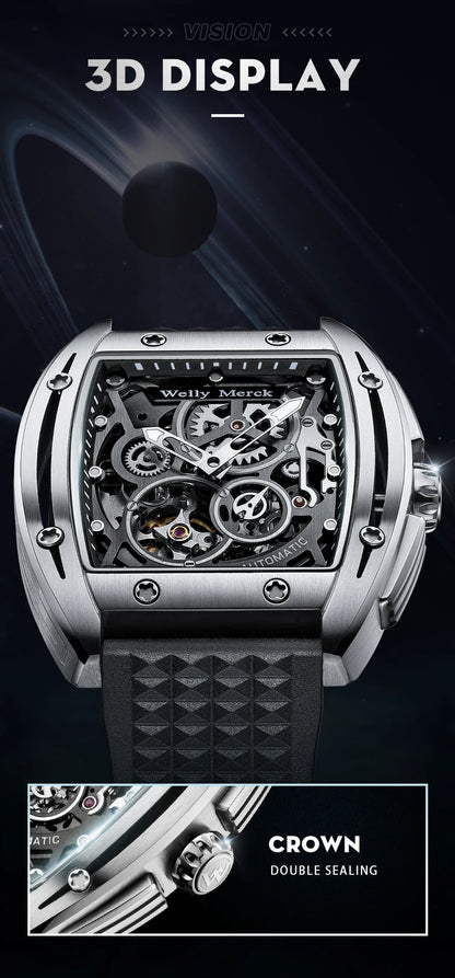 WM Watch WellyMerck Automatic Mechanical Watches Man Skeleton Stainless Steel Sapphire Crystal Tonneau Watch WM083