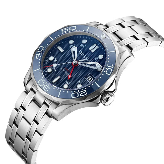 PHYLIDA 41mm Men's Watch NH34A GMT Blue Black Wave Dial Automatic  Sapphire Crystal 20ATM SE-BL34