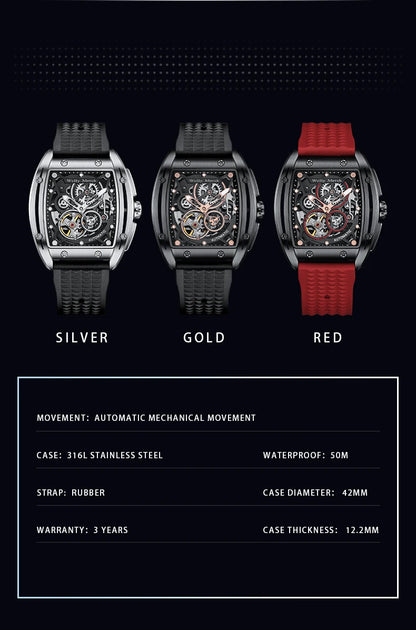 WM Watch WellyMerck Automatic Mechanical Watches Man Skeleton Stainless Steel Sapphire Crystal Tonneau Watch WM083