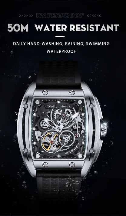 WM Watch WellyMerck Automatic Mechanical Watches Man Skeleton Stainless Steel Sapphire Crystal Tonneau Watch WM083
