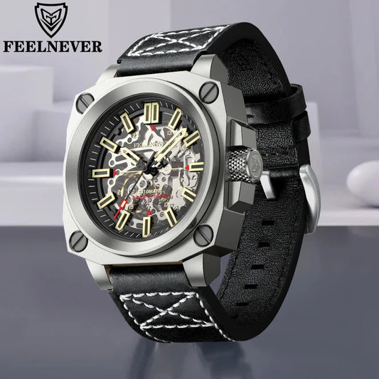 FeelNever Fashion Luxury Mechanical Man Watch Casual Sport Military Hollow Leather Automatic Men's Watches Waterproof Wristwatch