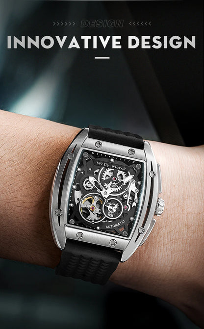 WM Watch WellyMerck Automatic Mechanical Watches Man Skeleton Stainless Steel Sapphire Crystal Tonneau Watch WM083