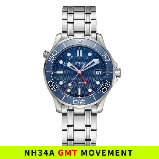 PHYLIDA 41mm Men's Watch NH34A GMT Blue Black Wave Dial Automatic  Sapphire Crystal 20ATM SE-BL34