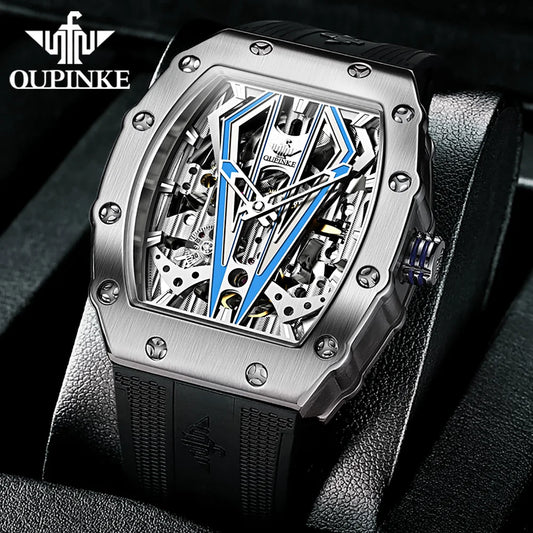 OUPINKE 3179 Men's Watches Top Brand Skeleton Tonneau Automatic Mechanical Luxury Original Watch for Men 5m Waterproof Man Watch