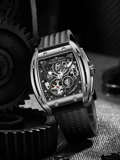 WM Watch WellyMerck Automatic Mechanical Watches Man Skeleton Stainless Steel Sapphire Crystal Tonneau Watch WM083