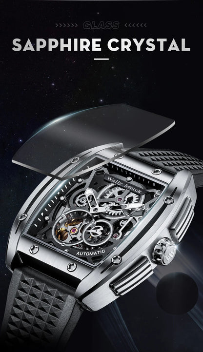 WM Watch WellyMerck Automatic Mechanical Watches Man Skeleton Stainless Steel Sapphire Crystal Tonneau Watch WM083