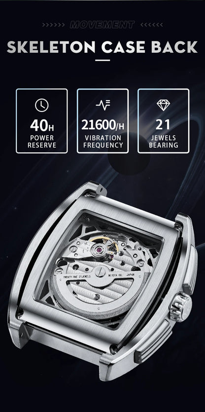 WM Watch WellyMerck Automatic Mechanical Watches Man Skeleton Stainless Steel Sapphire Crystal Tonneau Watch WM083